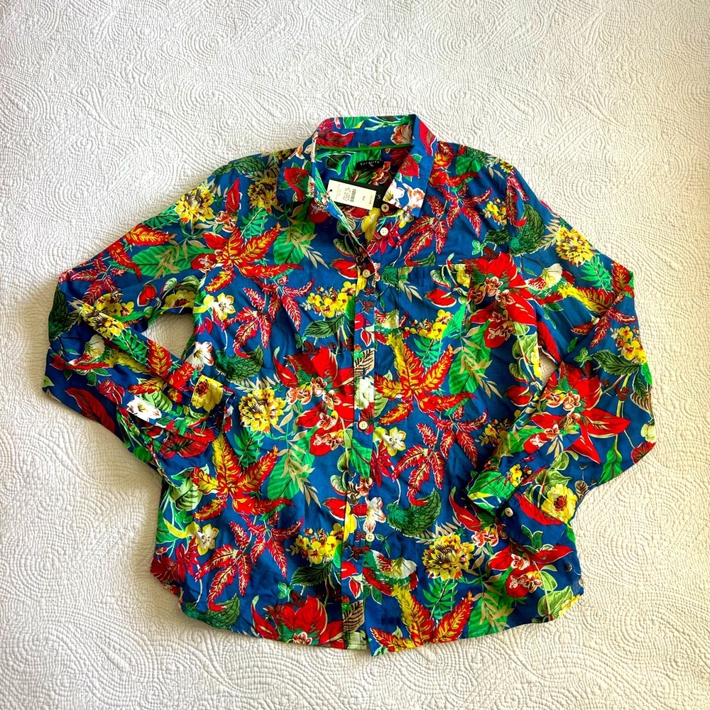 Talbots NWT Floral Blue Red Yellow Button Down Blouse With Under Shirt MP